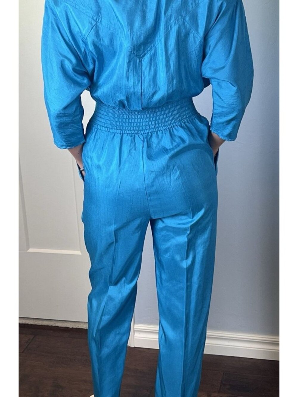 Vintage 80s Joan Walters Turquoise Art Deco Jumpsuit Smocked Zip Front Sz 6 - Picture 5 of 9